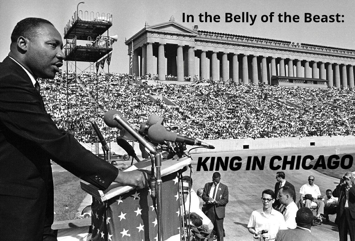 In the belly of the beast title image. MLK speaking to a large crowd