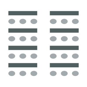 Two columns of rectangular tables, central aisle between, with chairs placed on one side of each table