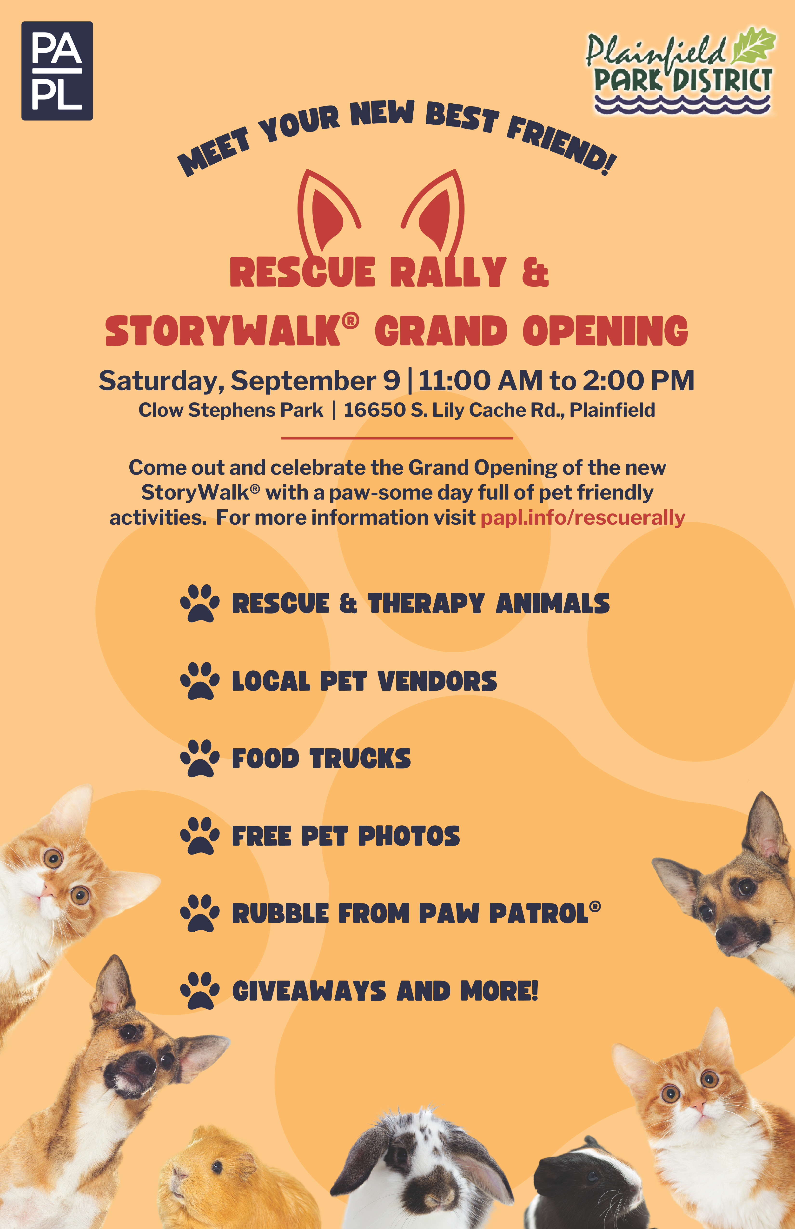 A group of cats, dogs, guinea pigs and a rabbit inviting everybody to Rescue Rally