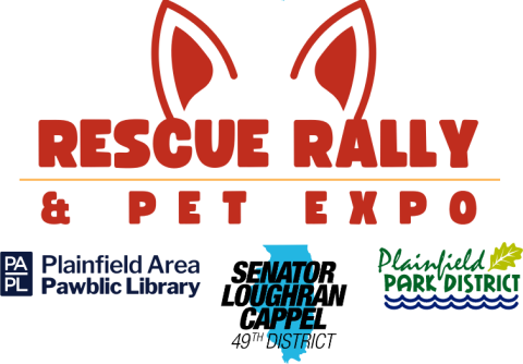 Rescue Rally & Pet Expo logo, featuring the logos of Plainfield Area "Pawblic" Library, Senator Loughran Cappel 49th District, and Plainfield Park District.