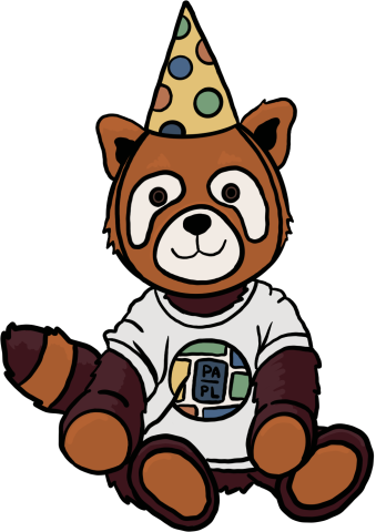 Read, a red panda wearing a PAPL t-shirt and wearing a yellow birthday hat with blue, green, and orange polka dots.