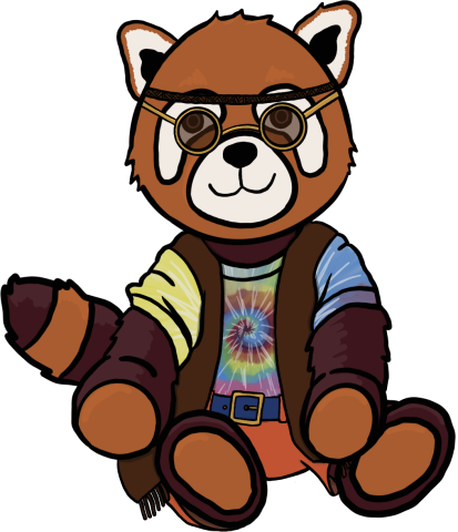 The Library's mascot, Read the Red Panda, dressed in a groovy tie dye t-shirt, a fringe vest, sunglasses, and a hippie headband.