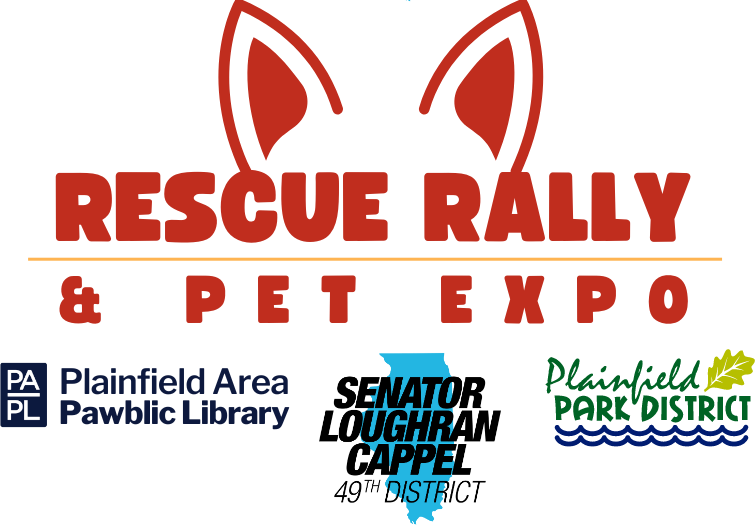 Rescue Rally & Pet Expo logo, featuring the logos of Plainfield Area "Pawblic" Library, Senator Loughran Cappel 49th District, and Plainfield Park District.