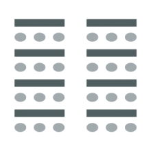 Two columns of rectangular tables, central aisle between, with chairs placed on one side of each table
