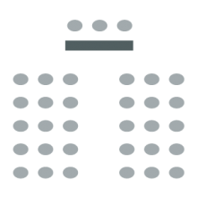 Two sections of seating with central aisle between; rectangular table with chairs for presenters at front of room